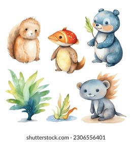 Jungle animals vector illustration, cute, lovely, water color