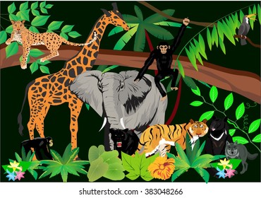 Jungle animals vector illustration, elephant, giraffe, chimpanzee, tiger leopard lying on tree. Tropical plants black background