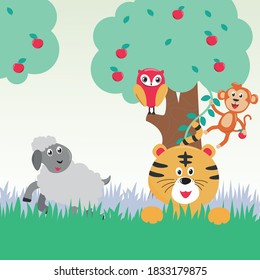 Jungle animals. Vector illustration of tiger, sheep, bird and monkey in the jungle or forest.