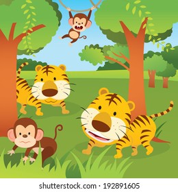 Jungle animals. Vector illustration of two monkeys and tigers in the jungle or forest.

