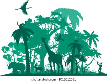 Jungle animals, wildlife jungle scene, vector silhouette. Wildlife theme