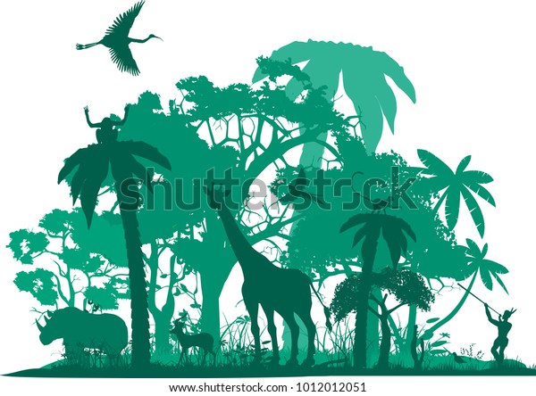 Animales De La Selva, Escena De La Selva Silvestre, Silueta Vectorial ...