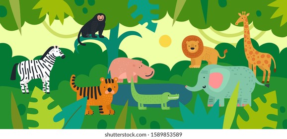 Jungle with animals. Zebra, monkey and hippo, tiger and crocodile, elephant and lion, giraffe with tropical plants. Vector kids background
