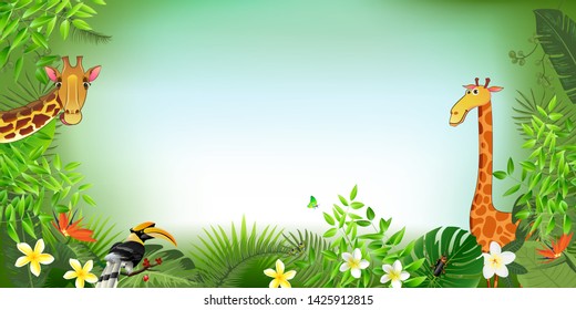 jungle animalscartoon, green tropical leaves background. Vector Illustration.