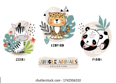 Jungle baby animals collection. Zebra with leopard and panda cartoon characters. Hand drawn icon set . Surface design illustration.