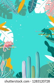 Jungle background, cactus, chameleon, palms, texas, monstera. Watercolor vector illustration