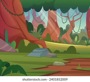 Jungle background. Cartoon outdoor forest landscape with jungle trees. Vector illustration