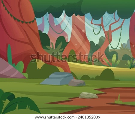 Jungle background. Cartoon outdoor forest landscape with jungle trees. Vector illustration