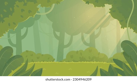 Jungle background concept. Rainforest with tropical plants and trees. Beautiful natural landscape and panorama. Exotic trees and bushes, field. Cartoon flat vector illustration