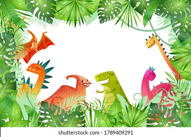 Jungle background. Funny dinosaurs on rainforest background, animal dragon and cute nature reptile in forest, childish bright empty frame or border template, vector cartoon isolated illustration