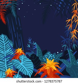 Jungle background on the night. Forest exotic tropical floral. Banana, monstera, palms leaves and flowers. Hand drawn watercolor illustration vector