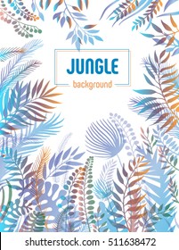 Jungle background with palm trees and leaves. Vector illustration for poster or cover design.