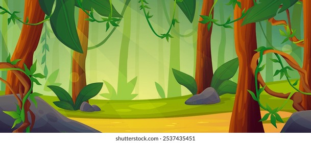 Jungle background. Rainforest cartoon scene. Fantasy wild landscape. Tropical flora game. Summer travel. Nature wood greenery. Green trees foliage. Liana branches. Sunlight ray. Vector exotic panorama