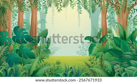 Jungle background with trees and green leaf