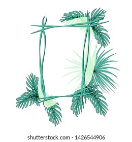 Jungle background. Tropical leaves frame. Rainforest foliage plants, green grass trees. Paradise african wildlife jungle. Vector frame