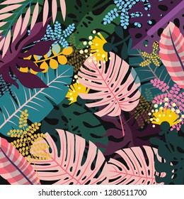 Jungle background with tropical leaves, monstera, banana, palms. Vector illustration