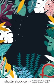 Jungle background with tropical leaves and snake, palms, monstera. Vector hand drawn watercolor vector illustration