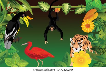 Jungle background with tropical plants. Jungle animals and birds I floral frame on seaside landscape. Vector .
