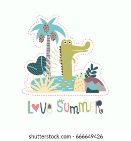 Jungle background with tropical plants and a cute crocodile in the lake in a doodle style. Vector illustration for children.