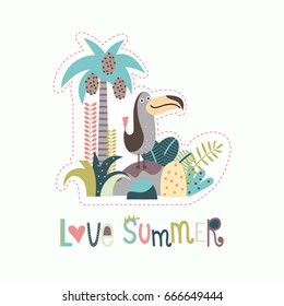 Jungle background with tropical plants and a cute cockatoo on stone in a doodle style. Vector illustration for children.
