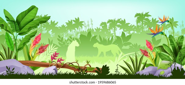 Jungle background, tropical rainforest landscape, exotic wood vector view, green leaves, palm trees, flowers. Wild life nature environment banner, leopard silhouette. Jungle background, grass, stone