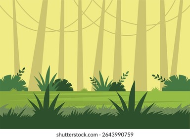  Fundo da selva. Vetor tropical fundo com folhas verdes, silhuetas de árvores. Modelo de cenário de estilo plano verde floresta jurássica para banner, convite, cartão. Ilustração da natureza selvagem