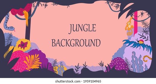 Jungle background. Vector abstract tropical forest evening. Wild animals - monkey, parrot, boa, tail of jaguar. Perfect for banner,poster, greeting card, baby print