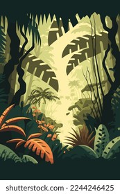 Jungle background Vector flat color cartoon illustration. Bright jungle in the morning for poster banner, game, invitation card template