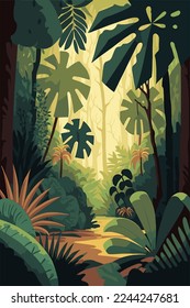 Jungle background Vector flat color cartoon illustration. Bright jungle in the morning for poster banner, game, invitation card template