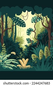 Jungle background Vector flat color cartoon illustration. Bright jungle in the morning for poster banner, game, invitation card template