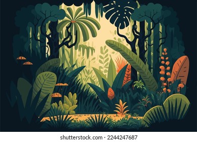 Jungle background Vector flat color cartoon illustration. Bright jungle in the morning for poster banner, game, invitation card template