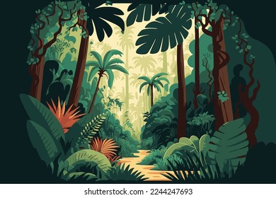 Jungle background Vector flat color cartoon illustration. Bright jungle in the morning for poster banner, game, invitation card template