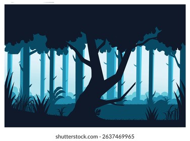 Jungle background Vector flat color cartoon illustration.Wildlife silhouettes concept, good for logo, poster, etc.