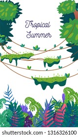 jungle background, vertical, vector illustration, flat style, palm leaf vines