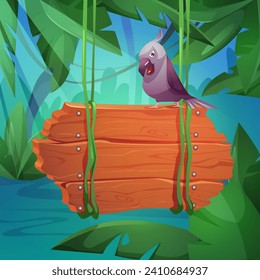 Jungle background with wooden sign board hanging on green liana vines with empty space for text and parrot on it. Cartoon vector rain forest scenery with tropical leaves, bird and wood banner.