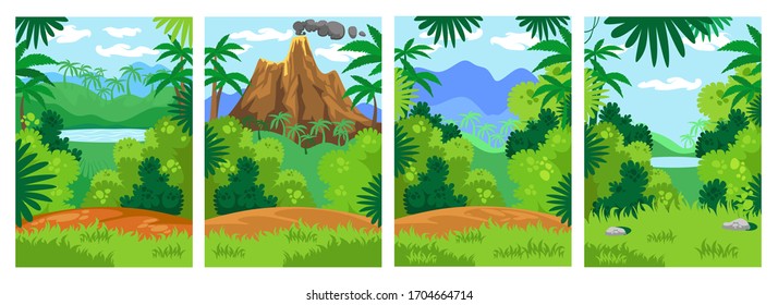 Jungle backgrounds with tropical leaves set vector illustration. Lake, volcano and mountain with green meadows cartoon design. Untouched nature and safari concept