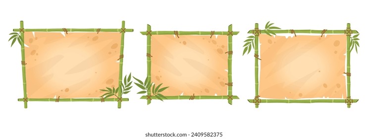 Dschungelbambus grenzt. Bambusrahmen mit Bambusblättern und Pergamentpapier, Holzstiele exotische Zeichen flach Vektorgrafik Set. Kollektion orientalischer Bambusrahmen