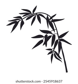 Jungle bamboo branch. Cartoon black decorative bamboo shoot with leaves, tropical forest plant branch flat vector illustration. Bamboo branch silhouette on white background