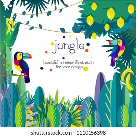 jungle banner, vector illustration, flat style, frame, Toucan, palm leaves