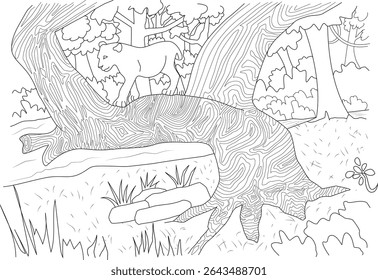 Ilustração da arte da linha do grande gato da selva, ilustração da arte da linha preta e branca representando um grande gato, possivelmente um leão ou puma, descansando em um tronco grande da árvore em um ambiente de selva densa. Detalhado