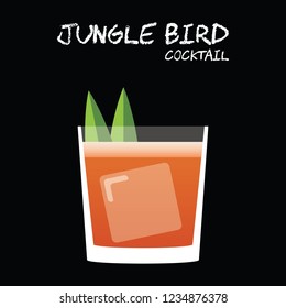 Jungle Bird cocktail illustration vector with pineapple leaf garnish on square black background.
