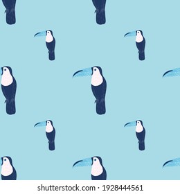 Jungle bird seamless pattern in doodle style with simple toucan shapes ornament. Blue palette bird print. Flat vector print for textile, fabric, giftwrap, wallpapers. Endless illustration.