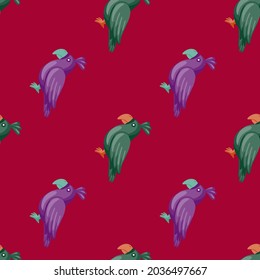 Jungle Bird Seamless Pattern With Green And Purple Parrots Shapes. Maroon Background. Minimalistic Style. Perfect For Fabric Design, Textile Print, Wrapping, Cover. Vector Illustration.