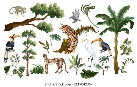 Jungle birds and animals isolated. Vector interior print