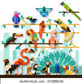 Jungle birds rainforest wildlife concept with tropic animals set vector illustration