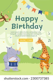 Jungle birthday party. Monkey with maracas, giraffe with guitar and hippopotamus with drums. Holiday and festival. Invitation and greeting postcard. Cartoon flat vector illustration