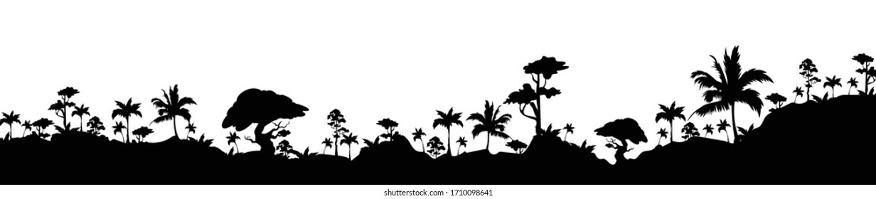 Jungle black silhouette vector illustration. Subtropical rainforest. Hills with trees. Nature and wildlife. Panoramic environment. Tropical monochrome landscape. Exotic woods 2d cartoon shape