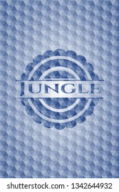 Jungle blue badge with geometric pattern background.