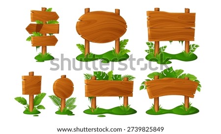 Jungle board set with cartoon forest frames and wooden planks for game UI. Tropical leaf panels, arrow signage, vintage plaques and timber posts - vector elements for summer adventure banners.
