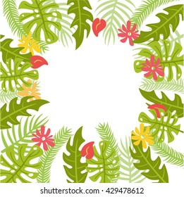Jungle border frame with tropical green leaves and pink flowers. Greeting card on white background.